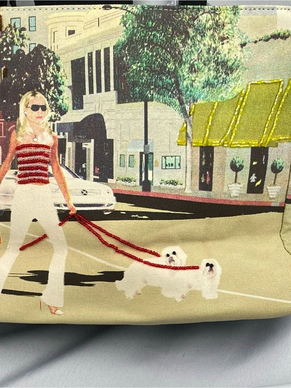 Women's Bueno Large Satchel Luxury Downtown Beaded Dog Walking Scene Size NWOT